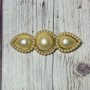 Vintage Yves Saint Laurent Faux Pearl & Gold Tone Brooch – Signed YSL – 3”